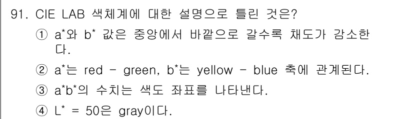 컬러리스트기사 2020년 92번 - CIE LAB 색체계에서 L*, a*, b*는 색상을 정의하는 중요한 요... 에 관한 핵심 기출문제