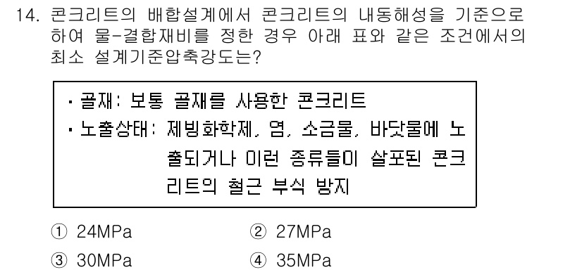 콘크리트기사 2020년 14번 - 이 문제는 콘크리트의 설계 기준 압축강도를 묻고 있습니다. 주어진 조건에... 에 관한 핵심 기출문제