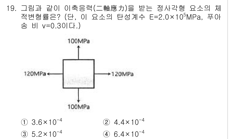 토목기사 2020년 19번 - 주어진 문제는 정사각형 요소에 작용하는 이축응력을 감안하여 체적변형률을 ... 에 관한 핵심 기출문제