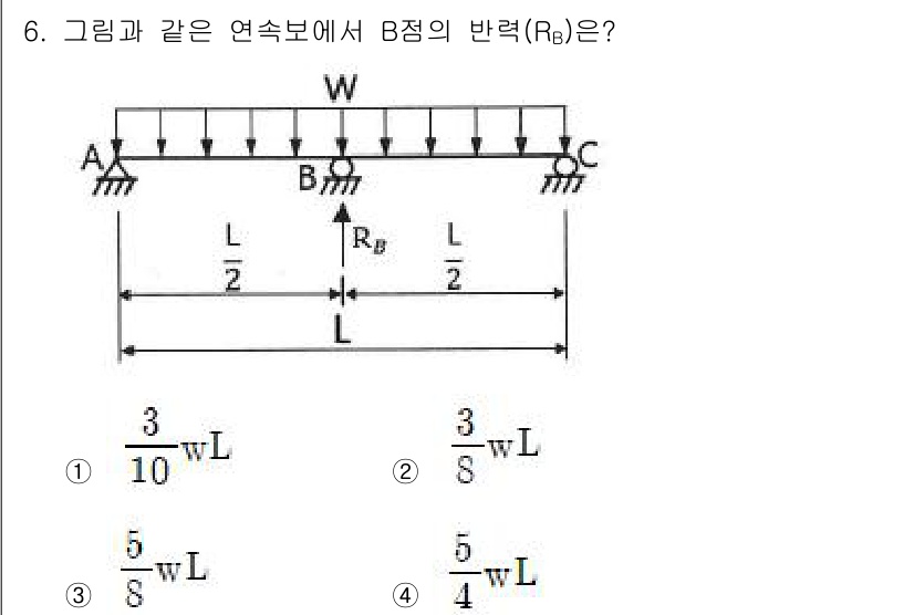 토목기사 2020년 6번 - B점의 반력 \( R_B \)를 구하기 위해서, 전체 보의 하중 균형을 ... 에 관한 핵심 기출문제