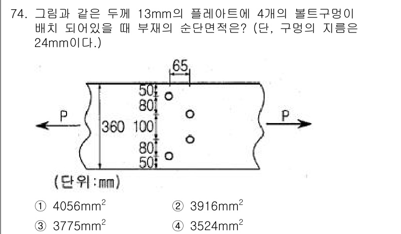 토목기사 2020년 74번 - 주어진 문제에서, 플레이트의 총 단면적을 구하기 위해서는 구멍의 면적을 ... 에 관한 핵심 기출문제