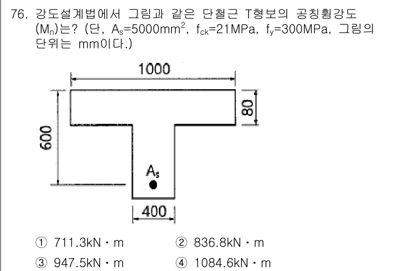 토목기사 2020년 77번 - 주어진 문제에서 공칭휘강도(Mn)를 계산하기 위해서는 주어진 단면적(As... 에 관한 핵심 기출문제