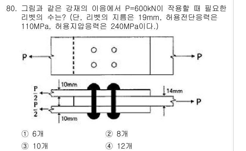 토목기사 2020년 81번 - 주어진 문제에서 600kN의 하중을 지탱하기 위해 필요한 리벗의 수를 계... 에 관한 핵심 기출문제