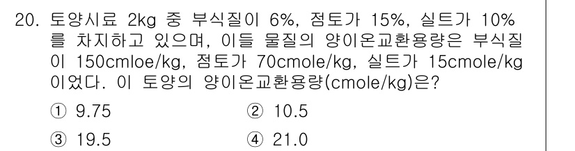 토양환경기사 2020년 20번 - 주어진 문제는 토양에서 각 성분이 차지하는 비율과 해당 성분의 양이온교환... 에 관한 핵심 기출문제