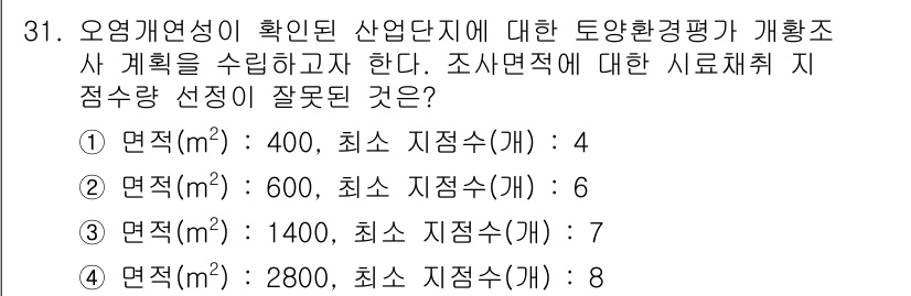 토양환경기사 2020년 31번 - 오염개연성이 확인된 산업단지에 대한 토양환경 평가에서 조사 면적에 대한 ... 에 관한 핵심 기출문제