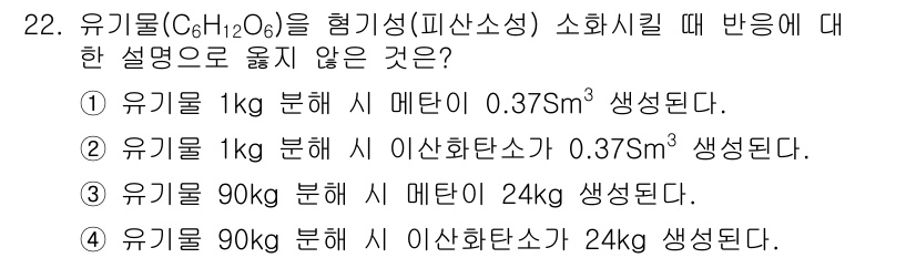 폐기물처리기사 2020년 22번 - 유기물(C₆H₁₂O₆)의 소화 과정에서 생성되는 메탄과 이산화탄소의 양은... 에 관한 핵심 기출문제