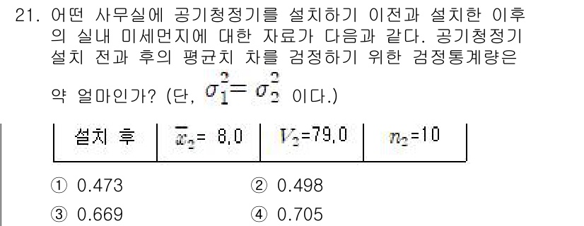 품질경영기사 2020년 21번 - 주어진 문제는 두 집단의 평균 차이를 검정하기 위한 통계적 검정과 관련이... 에 관한 핵심 기출문제