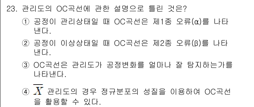 품질경영기사 2020년 23번 - OC 곡선은 공정의 관리 상태에 따라 첫 번째 및 두 번째 종류의 오차를... 에 관한 핵심 기출문제