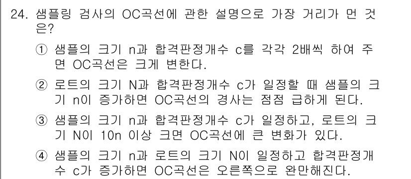 품질경영기사 2020년 24번 - 정답이 '3'인 이유는 샘플의 크기 n과 합격판정개수 c가 일정한 경우,... 에 관한 핵심 기출문제