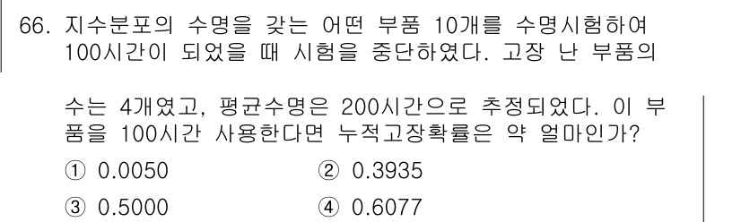 품질경영기사 2020년 66번 - 이 문제는 고장 난 부품의 누적 고장 확률을 계산하는 것으로, 고장률이 ... 에 관한 핵심 기출문제