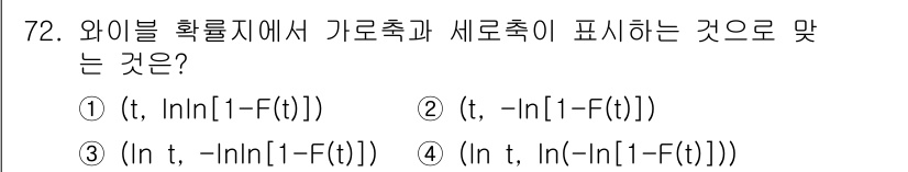 품질경영기사 2020년 72번 - 와이블 분포의 경우, 기초 확률 변수가 있는 log-log 변환을 사용할... 에 관한 핵심 기출문제