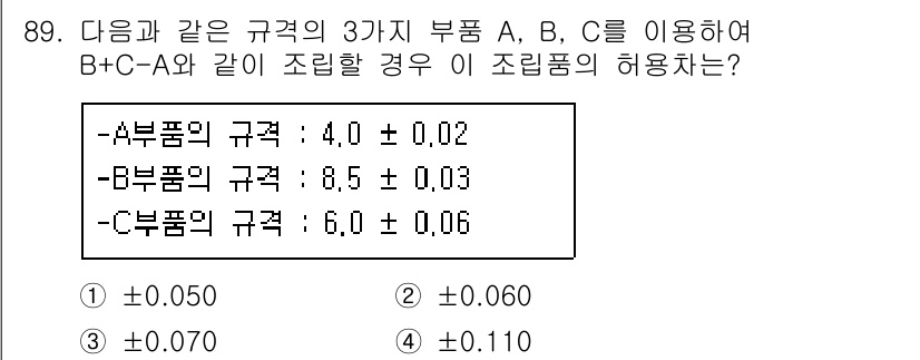 품질경영기사 2020년 89번 - B + C - A의 조합을 계산하면, B의 규격 8.5 ± 0.03와 C... 에 관한 핵심 기출문제