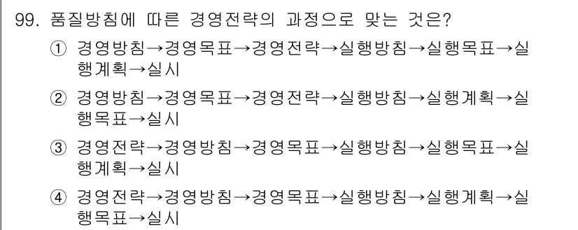 품질경영기사 2020년 99번 - 품질경영에 따른 경영전략의 과정은 특정한 순서를 따릅니다. 경영방침을 설... 에 관한 핵심 기출문제