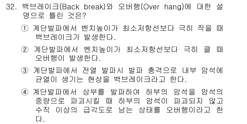 화약류관리기사 2020년 32번 - 백브레이크(Back break)는 지반이 약해져서 특정 부분이 파괴되는 ... 에 관한 핵심 기출문제