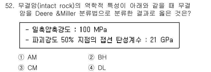 화약류관리기사 2020년 53번 - Deere & Miller 분류법에서는 주어진 압축강도와 파괴강도를 기반... 에 관한 핵심 기출문제