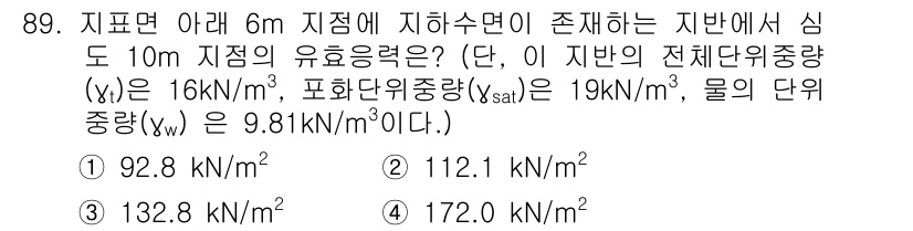 화약류관리기사 2020년 90번 - 지하수면 아래 6m 지점에서의 유효응력은, 지반의 포화 상태와 물의 단위... 에 관한 핵심 기출문제