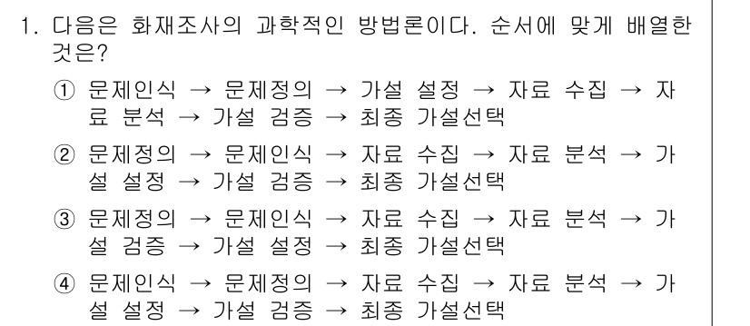 화재감식평가기사 2020년 1번 - 문제 해결 과정에서 과학적 방법론은 문제 정의, 가설 설정, 데이터 수집... 에 관한 핵심 기출문제