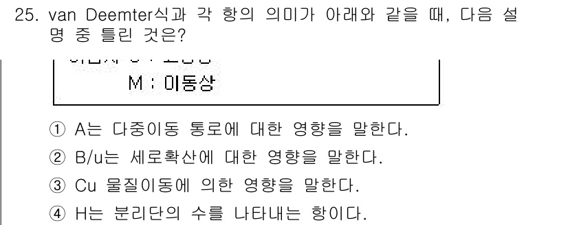 화학분석기사(구) 2020년 26번 - van Deemter 식은 크로마토그래피에서의 분리 효율을 설명하는 데 ... 에 관한 핵심 기출문제