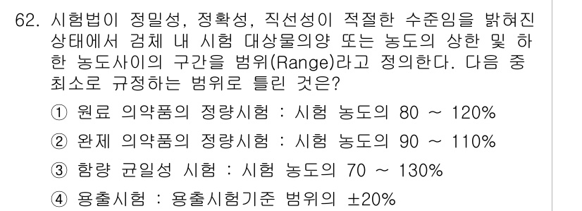 화학분석기사(구) 2020년 63번 - 시험법에서 농도 범위를 정의할 때, 정확성과 일관성이 중요합니다. 주어진... 에 관한 핵심 기출문제