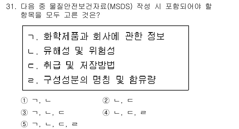 산업안전지도사 2015년 31번 - MSDS(물질안전보건자료)는 화학물질의 안전한 사용을 보장하기 위해 필수... 에 관한 핵심 기출문제