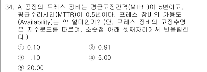 산업안전지도사 2015년 34번 - 프레스 장비의 가용도(Availability)는 다음 공식을 통해 구할 ... 에 관한 핵심 기출문제