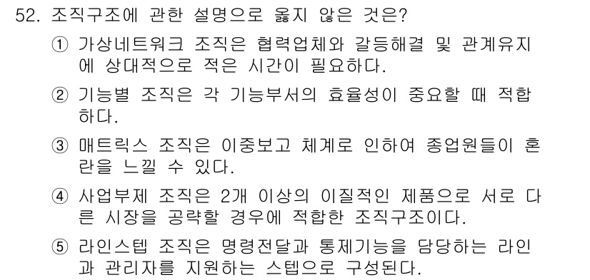산업안전지도사 2015년 52번 - 정답 '1'은 가상네트워크 조직이 협력체와 상호작용을 원활하게 하도록 설... 에 관한 핵심 기출문제