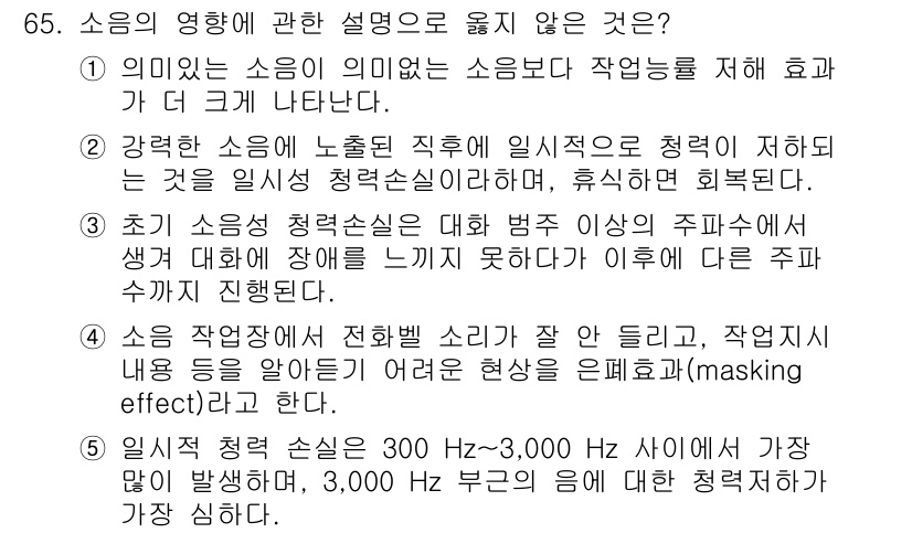 산업안전지도사 2015년 65번 - 문제에서 주어진 설명들 중에서 5번이 옳지 않은 설명입니다. 소음 청력 ... 에 관한 핵심 기출문제