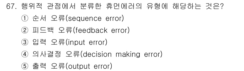 산업안전지도사 2015년 67번 - 행위적 관점에서 휴면에러는 주로 발생하는 순서에 따라 분류됩니다. 따라서... 에 관한 핵심 기출문제