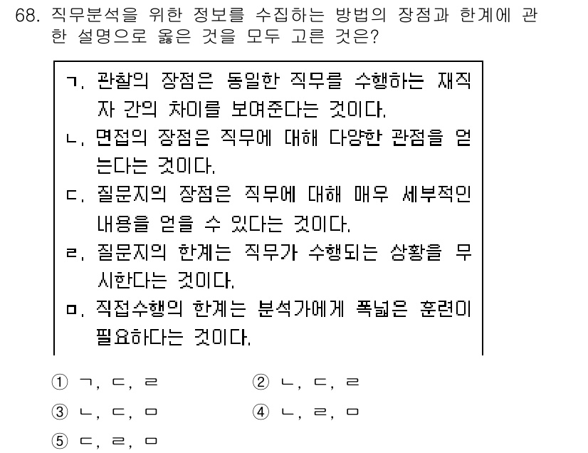 산업안전지도사 2015년 68번 - 정답 '4'번을 선택한 이유는 각 선택지의 내용이 직무 분석의 방법과 장... 에 관한 핵심 기출문제