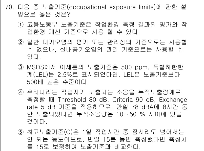 산업안전지도사 2015년 70번 - 정답은 '1'입니다. 고용노동부의 노출기준은 작업환경 측정 결과와 환경 ... 에 관한 핵심 기출문제