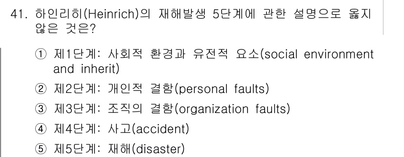 산업안전지도사 2016년 41번 - 하인리히의 재해발생 5단계에서 제시된 요소들은 재해의 원인을 단계별로 설... 에 관한 핵심 기출문제