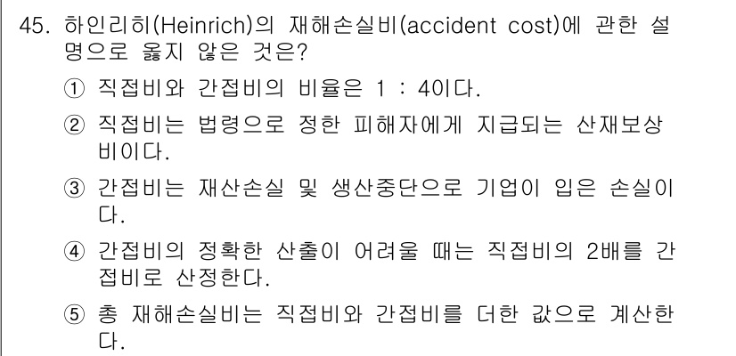 산업안전지도사 2016년 45번 - 하인리히의 재해손실비에 따르면 직접비와 간접비의 비율은 보통 1:4로 이... 에 관한 핵심 기출문제