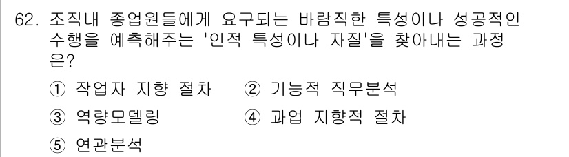 산업안전지도사 2016년 62번 - 주어진 문제는 조직의 종업원들에게 요구되는 특성을 파악하는 과정에 대한 ... 에 관한 핵심 기출문제