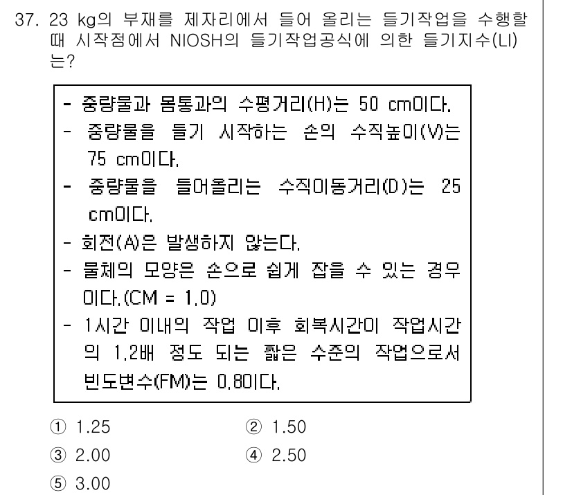 산업안전지도사 2017년 37번 - 주어진 문제에서 NIOSH의 들기 작업 공식에 따라 들기지수(LI)를 계... 에 관한 핵심 기출문제