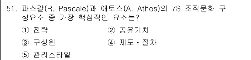산업안전지도사 2017년 51번 - 파스칼과 애토스의 7S 모델에서 가장 핵심적인 요소는 '공유가치(2)'입... 에 관한 핵심 기출문제