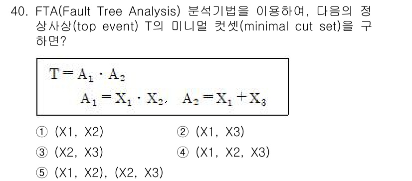 산업안전지도사 2018년 40번 - 주어진 수식에서 T는 두 개의 AND 게이트로 표현되며, A1과 A2는 ... 에 관한 핵심 기출문제