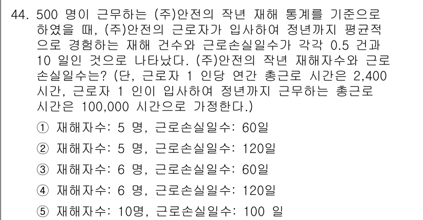 산업안전지도사 2018년 44번 - 주어진 문제에서 재해 건수와 근로손실일수가 각각 0.5건과 10일로 나타... 에 관한 핵심 기출문제