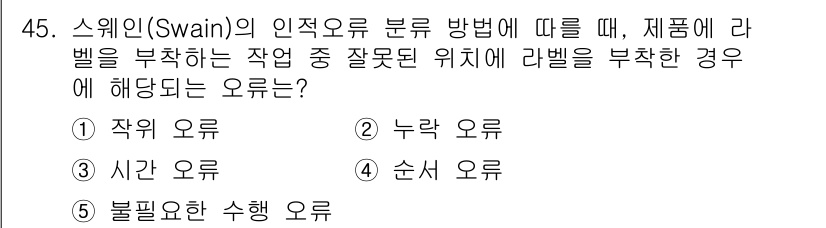 산업안전지도사 2018년 45번 - 스웨인(Swain)의 인적 오류 분류에 따르면, 제품에 라벨을 부착하는 ... 에 관한 핵심 기출문제