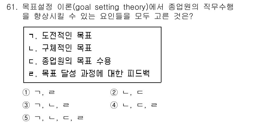 산업안전지도사 2018년 61번 - 이 문제는 목표설정 이론에서 직무수행을 향상시키는 요소를 묻고 있습니다.... 에 관한 핵심 기출문제
