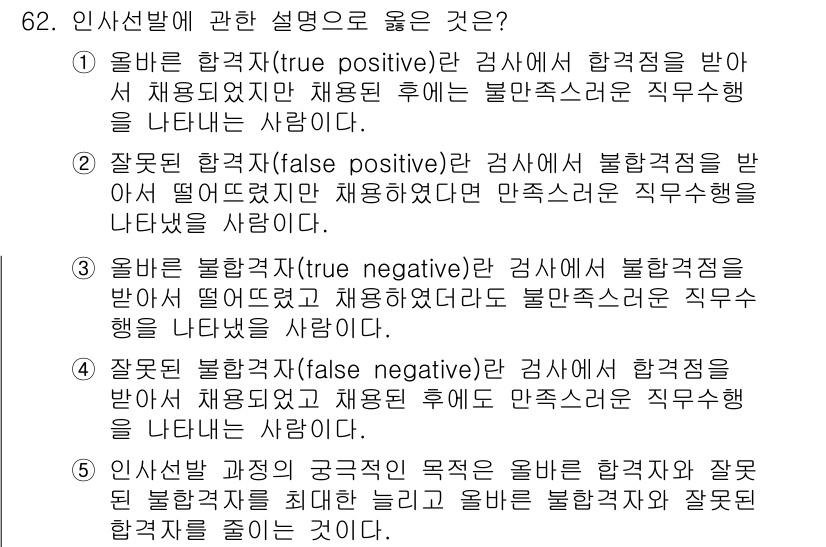 산업안전지도사 2018년 62번 - 올바른 불합격자(true negative)는 검사에서 불합격점을 받아서 ... 에 관한 핵심 기출문제