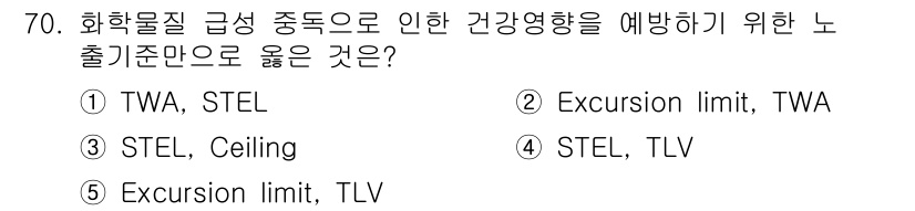 산업안전지도사 2018년 70번 - 정답 '3'번인 'STEL, Ceiling'은 화학물질 노출에 대한 건강... 에 관한 핵심 기출문제