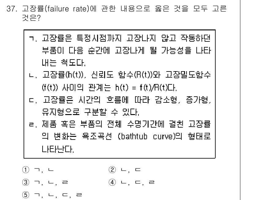 산업안전지도사 2019년 37번 - 정답 '5'가 맞는 이유는, 고장률에 대한 설명 중에서 고장나기까지의 확... 에 관한 핵심 기출문제