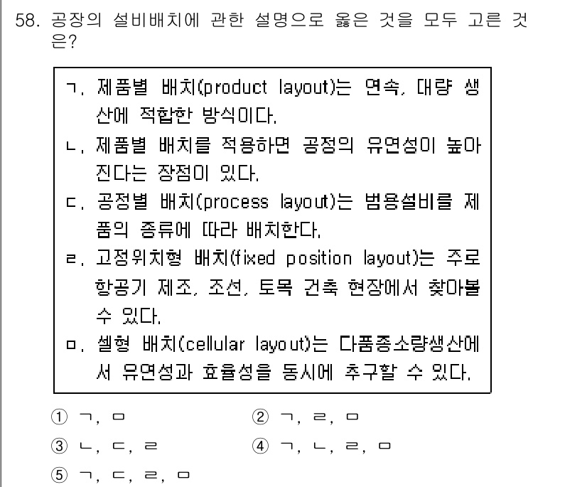 산업안전지도사 2019년 58번 - 정답 '2'는 제품별 배치와 공정별 배치 설명이 모두 동일한 점에서 적절... 에 관한 핵심 기출문제