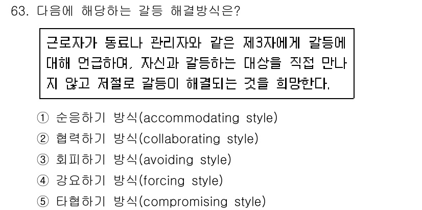 산업안전지도사 2019년 63번 - 이 문제의 정답은 '3. 회피하기 방식(avoiding style)'입니... 에 관한 핵심 기출문제