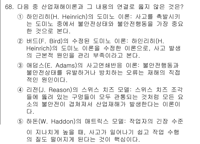 산업안전지도사 2019년 68번 - 정답 '5'는 하돈(W. Haddon)의 매트릭스 모델이 다른 이론과는 ... 에 관한 핵심 기출문제