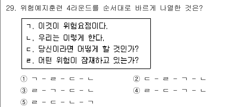 산업안전지도사 2020년 29번 - 위험 예지훈련의 4단계는 문제 인식에서 시작하여 행동 계획으로 이어집니다... 에 관한 핵심 기출문제