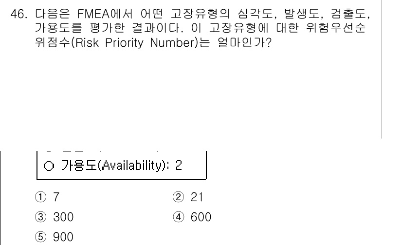 산업안전지도사 2020년 46번 - FMEA에서 위험 우선 순위 번호(RPN)는 심각도, 발생도, 검출도를 ... 에 관한 핵심 기출문제