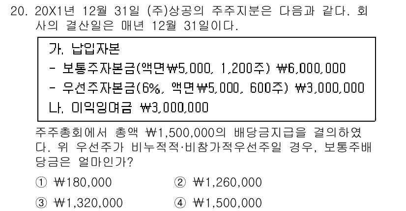 전산회계운용사_1급 2020년 20번 - 주어진 문제에서 배당금 지급액을 계산할 때, 우선배당이 비율적으로 낮은 ... 에 관한 핵심 기출문제
