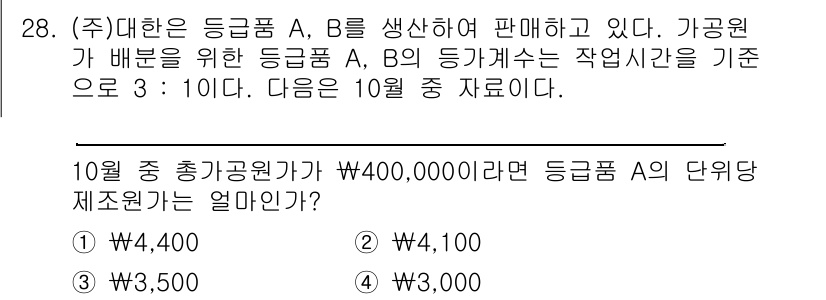 전산회계운용사_1급 2020년 28번 - 주어진 문제에서 등급품 A와 B의 작업 비율이 3:1입니다. 따라서 총 ... 에 관한 핵심 기출문제