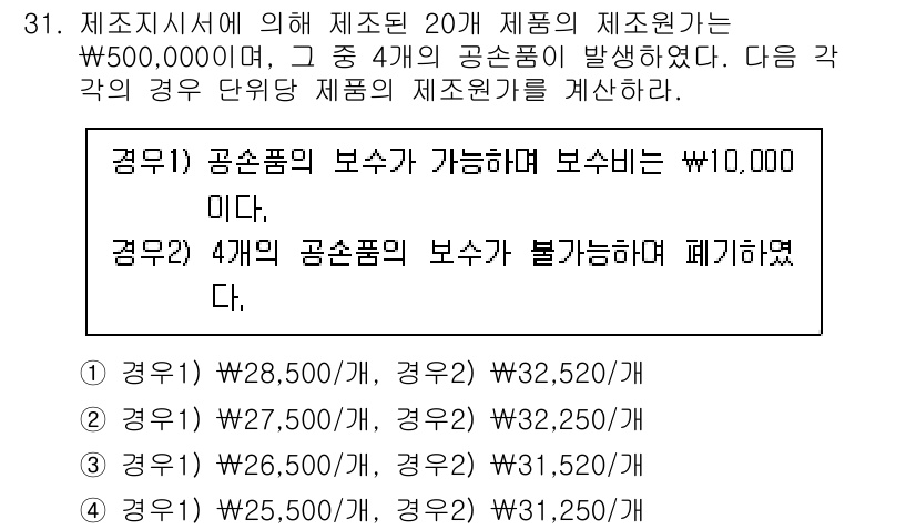 전산회계운용사_1급 2020년 31번 - 주어진 문제에서 공손품의 보수가 가능한 경우와 불가능한 경우의 이익을 비... 에 관한 핵심 기출문제